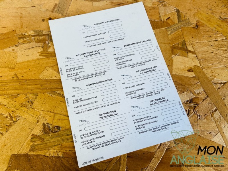 Carte de sécurité vierge Jaguar X300 de 1995 à 1997 Référence OE : JJM998699